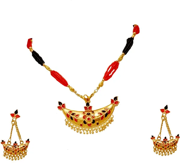 Assamese_Traditional_Gold_Plated_Red_Black_Colour_Joonbiri_Tassel_Jewellery_Set_For_Women